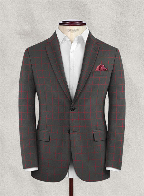 Charcoal Red Windowpane Flannel Wool Jacket - StudioSuits