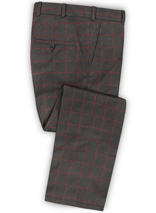 Charcoal Red Windowpane Flannel Wool Pants - StudioSuits