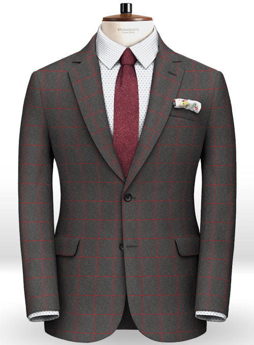 Charcoal Red Windowpane Flannel Wool Suit - StudioSuits