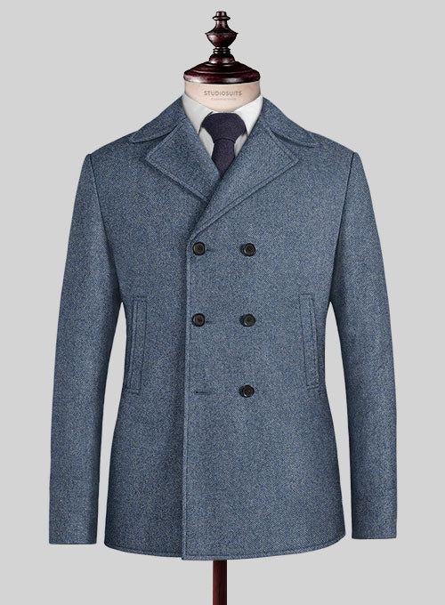 Classic Blue Denim Tweed Pea Coat - StudioSuits