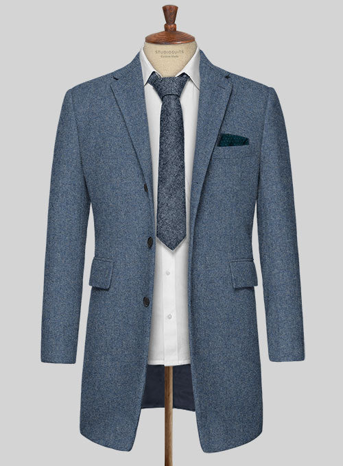 Classic Blue Denim Tweed Overcoat - StudioSuits