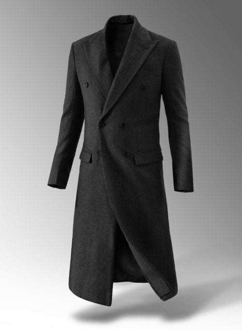 Charcoal Herringbone Tweed Double Breasted Overcoat II - StudioSuits