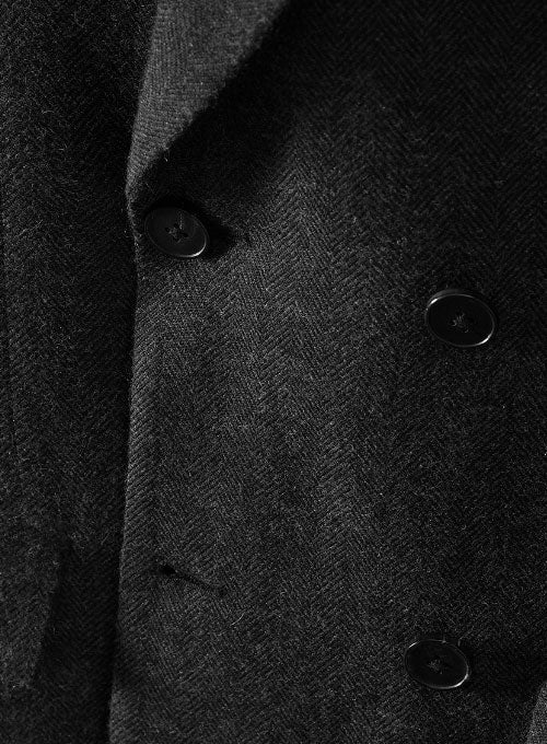 Charcoal Herringbone Tweed Double Breasted Overcoat II - StudioSuits