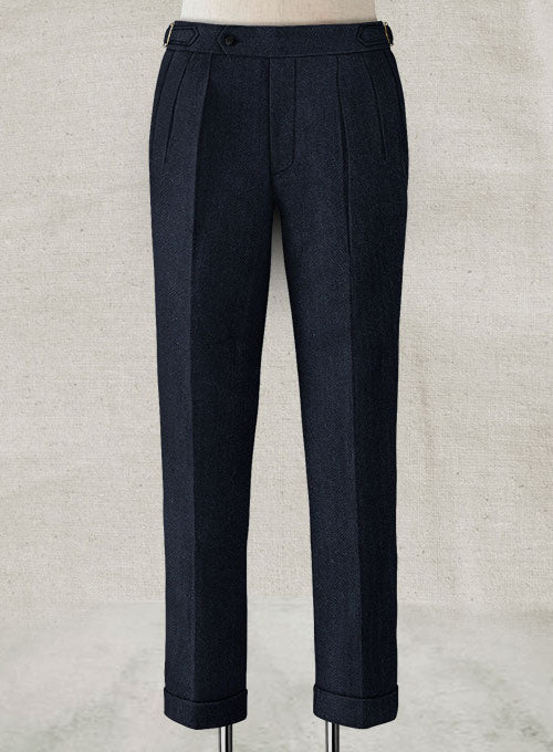 Deep Blue Herringbone Highland Tweed Trousers - StudioSuits