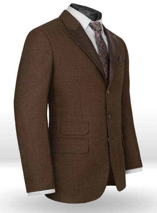 Empire Nail Head Brown Wool Jacket With Leather Lapel - StudioSuits