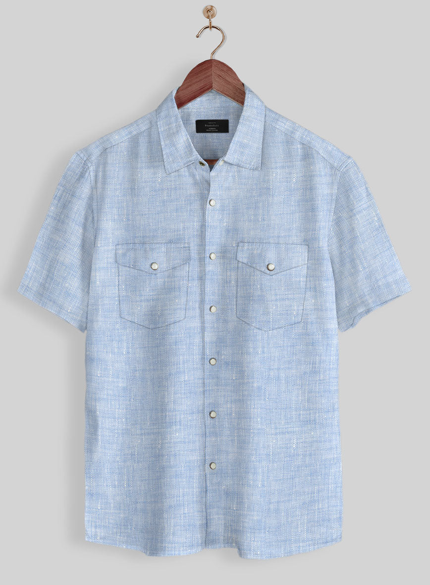 European Mist Blue Linen Western Style Shirt - StudioSuits