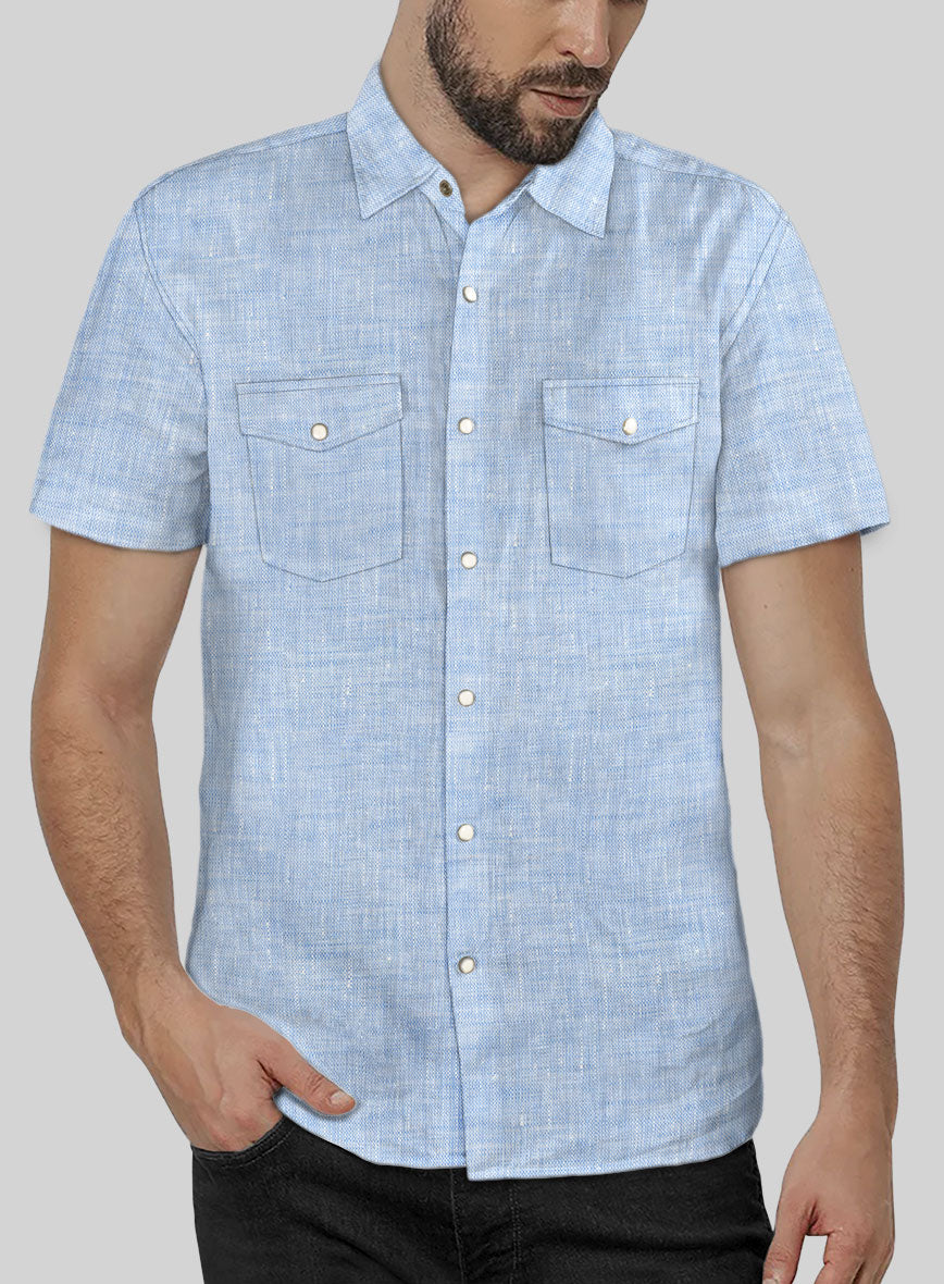 European Mist Blue Linen Western Style Shirt - StudioSuits