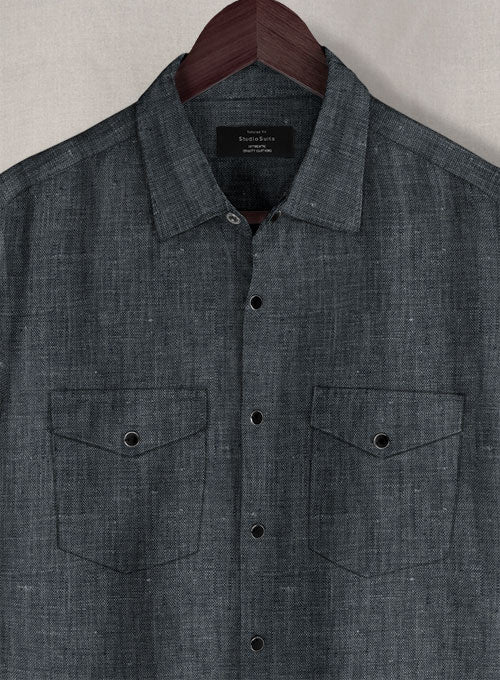 European Ash Gray Linen Western Style Shirt - StudioSuits