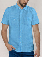 European Blue Linen Western Style Shirt - StudioSuits