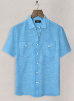 European Blue Linen Western Style Shirt - StudioSuits