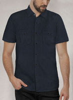 European Dark Blue Linen Western Style Shirt - StudioSuits
