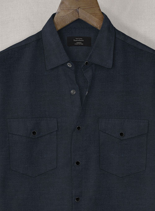 European Dark Blue Linen Western Style Shirt - StudioSuits