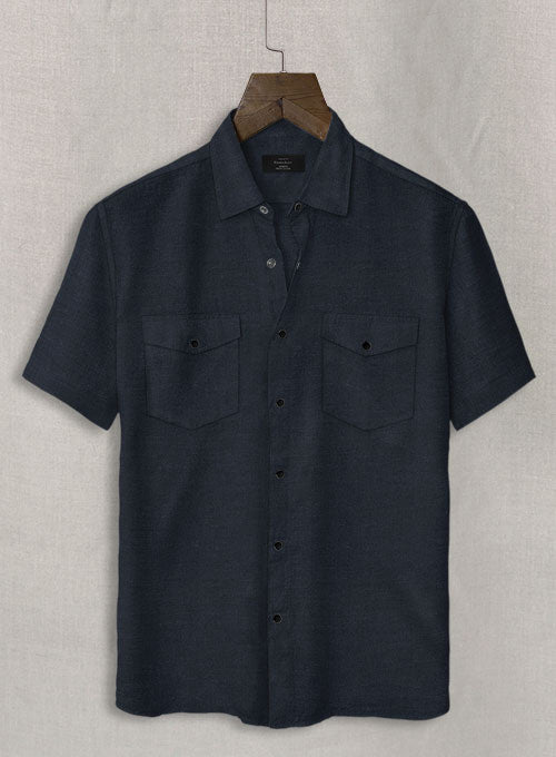European Dark Blue Linen Western Style Shirt - StudioSuits