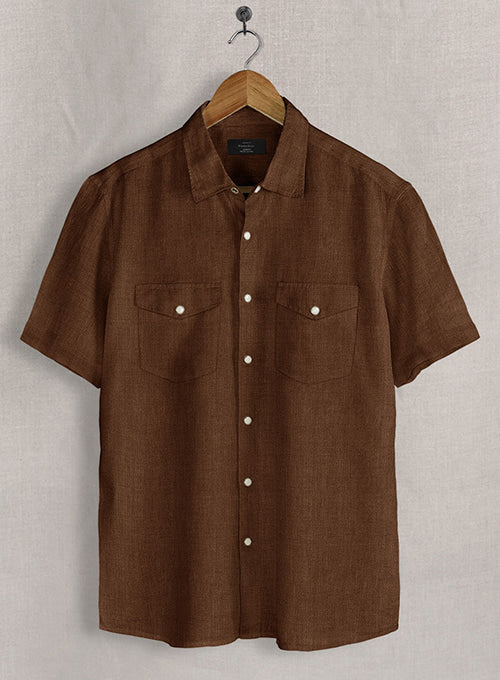 European Oak Brown Linen Western Style Shirt - StudioSuits