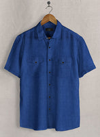 European Sapphire Blue Linen Western Style Shirt - StudioSuits