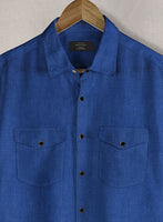 European Sapphire Blue Linen Western Style Shirt - StudioSuits