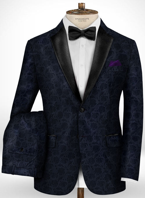 Graffiti Blue Flower Wool Tuxedo Suit - StudioSuits