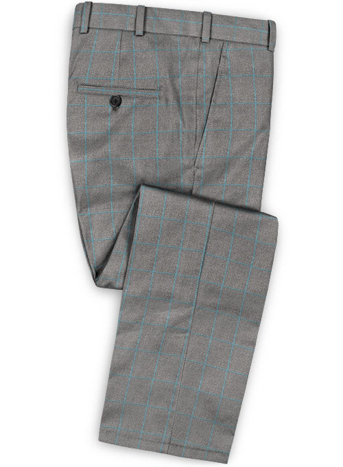 Gray Blue Windowpane Flannel Wool Pants - StudioSuits