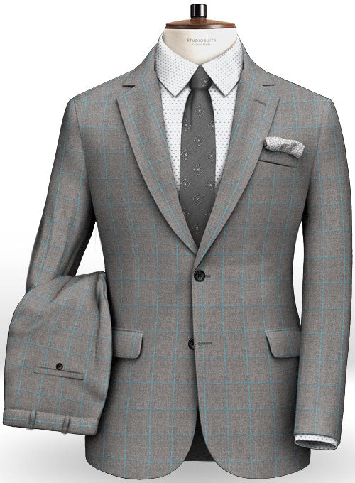 Gray Blue Windowpane Flannel Wool Suit - StudioSuits