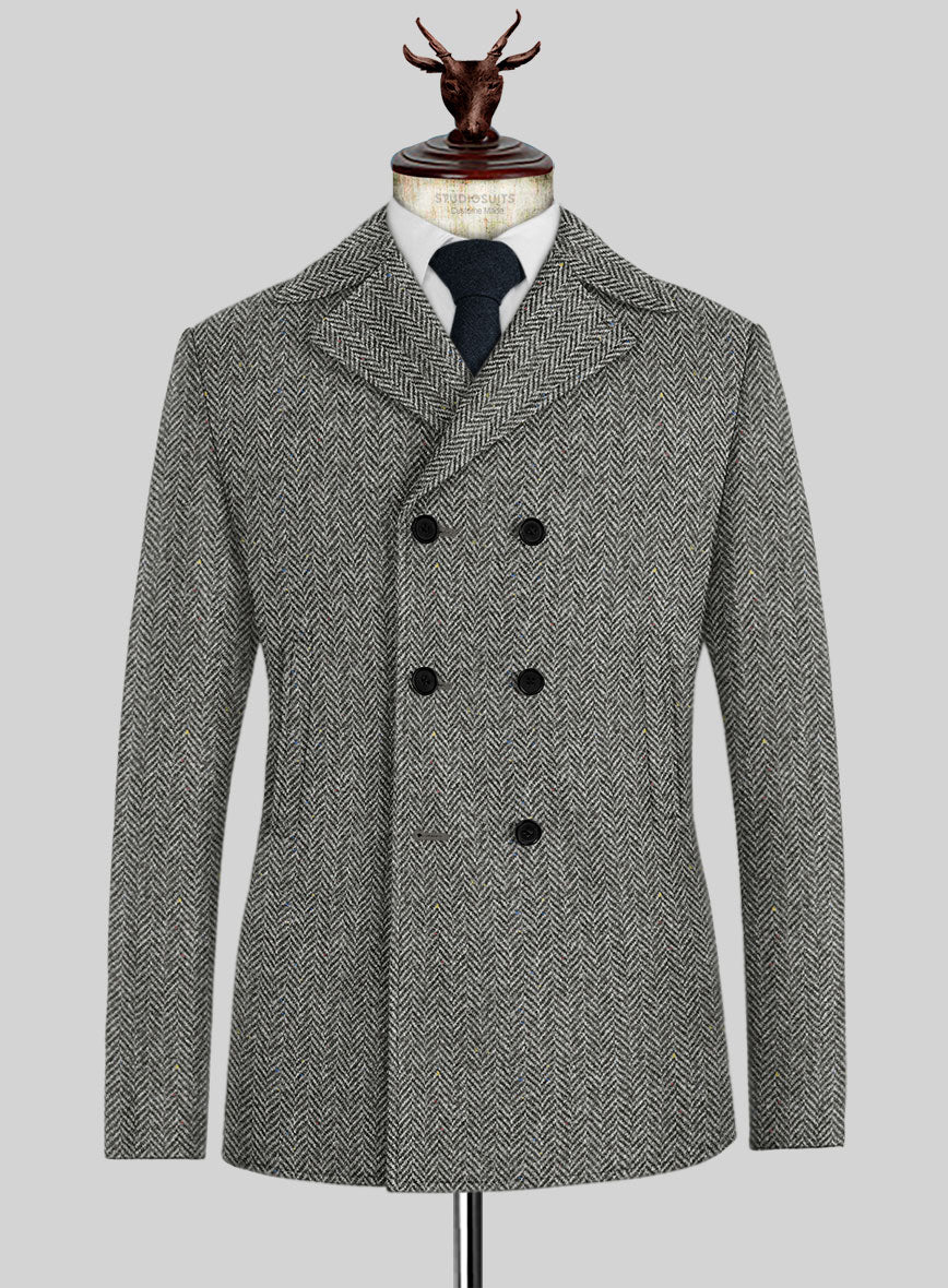 Harris Tweed Gray Chevron Pea Coat - StudioSuits