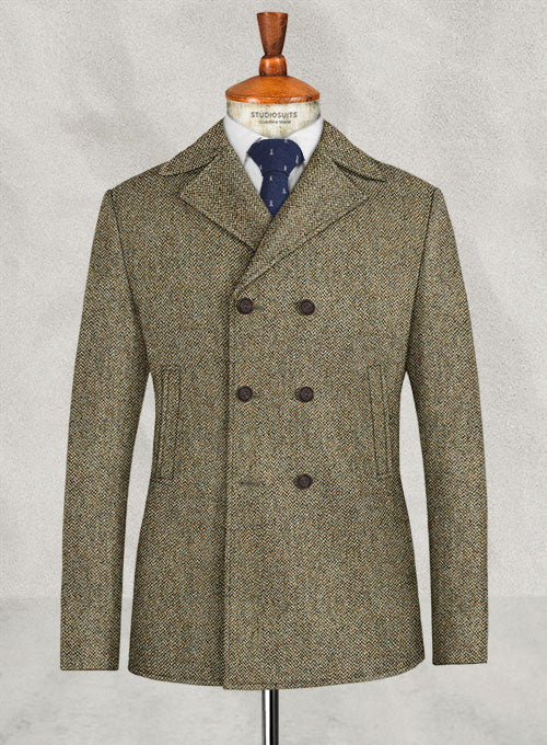 Harris Tweed Barley Brown Pea Coat - StudioSuits