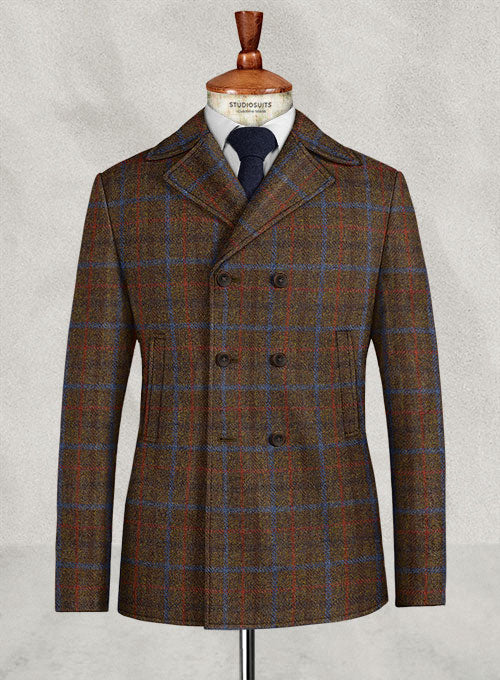 Harris Tweed Brown Checks Pea Coat - StudioSuits