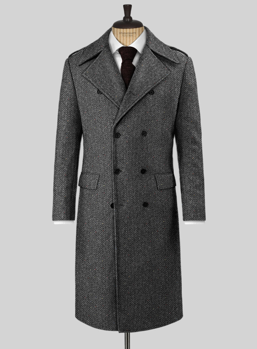 Harris Tweed Charcoal Chevron Tweed GQ Overcoat - StudioSuits
