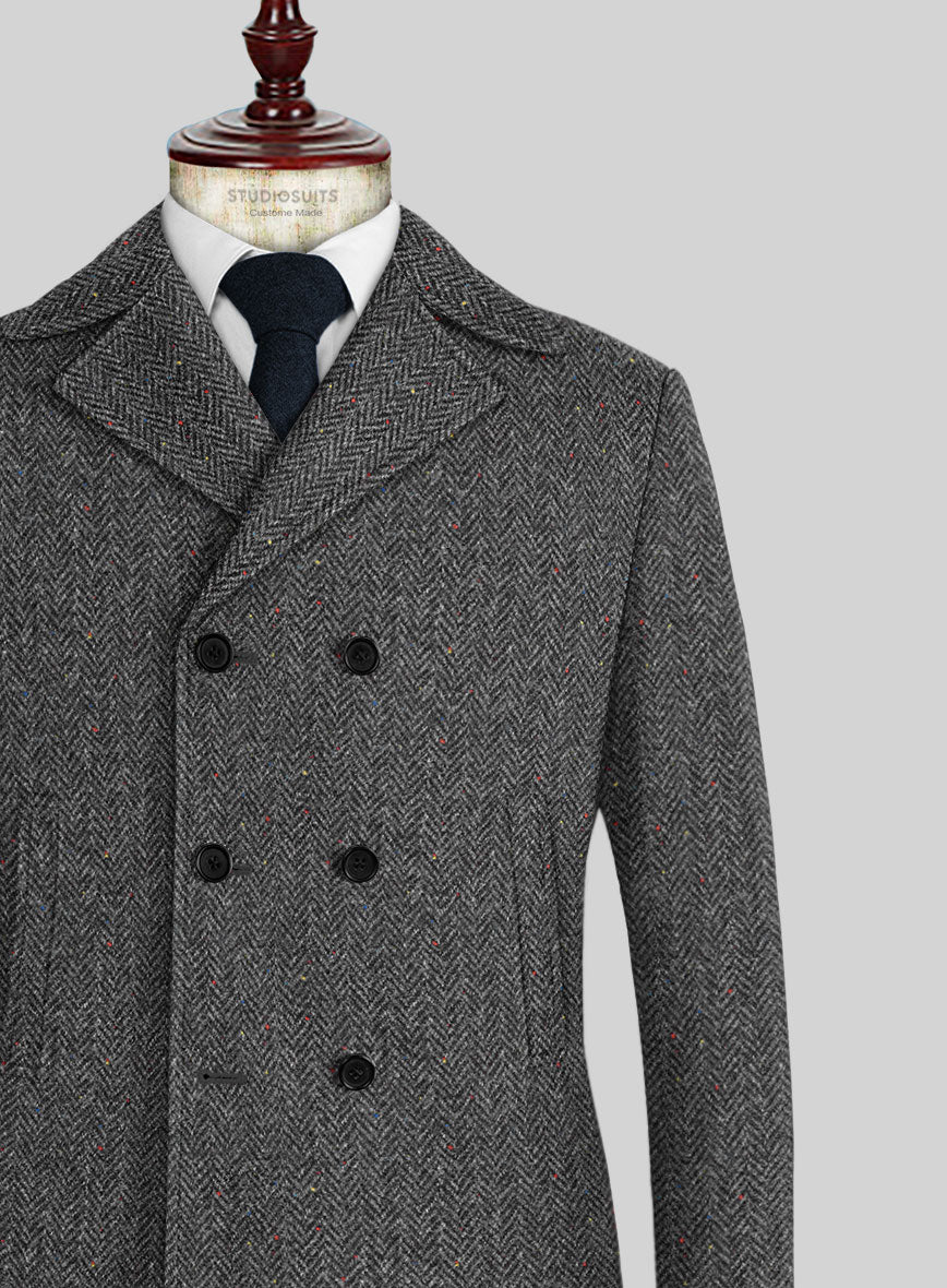 Harris Tweed Charcoal Chevron Pea Coat - StudioSuits