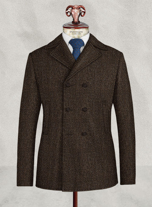 Harris Tweed Dark Brown Herringbone Pea Coat - StudioSuits