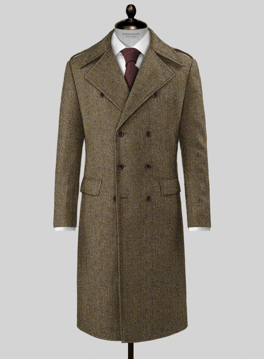 Harris Tweed Hebridean Brown Herringbone GQ Overcoat - StudioSuits