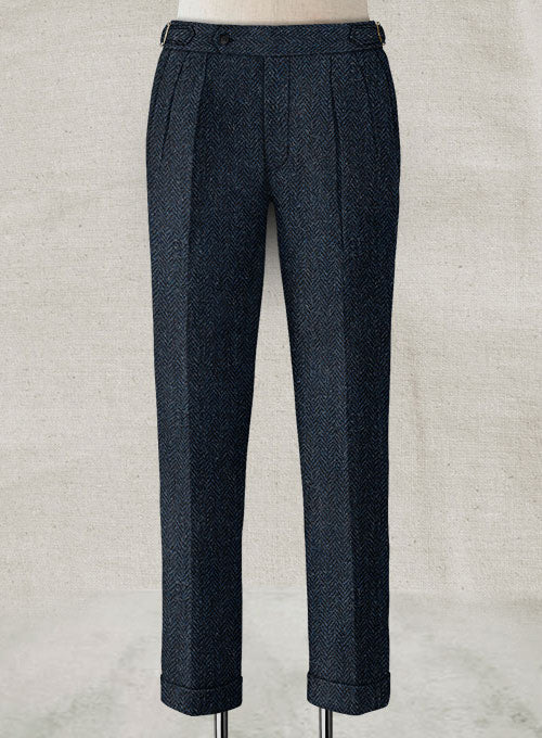 Harris Tweed Dark Blue Herringbone Highland Trousers - StudioSuits