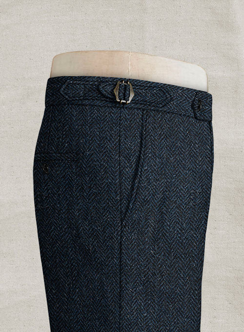 Harris Tweed Dark Blue Herringbone Highland Trousers - StudioSuits