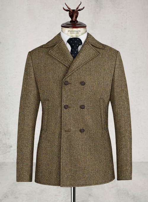 Harris Tweed Hebridean Brown Herringbone Pea Coat - StudioSuits