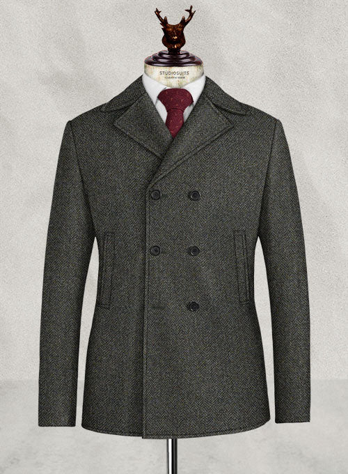 Harris Tweed Ridge Blue Herringbone Pea Coat - StudioSuits