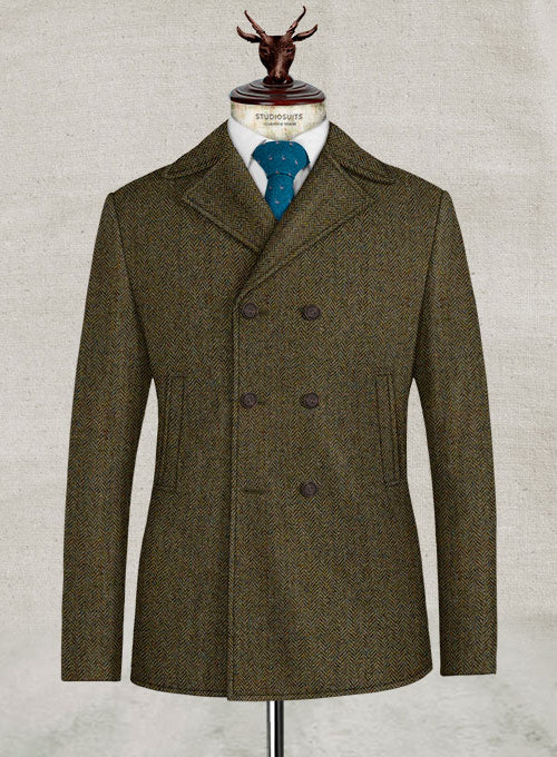 Harris Tweed Ridge Brown Herringbone Pea Coat - StudioSuits