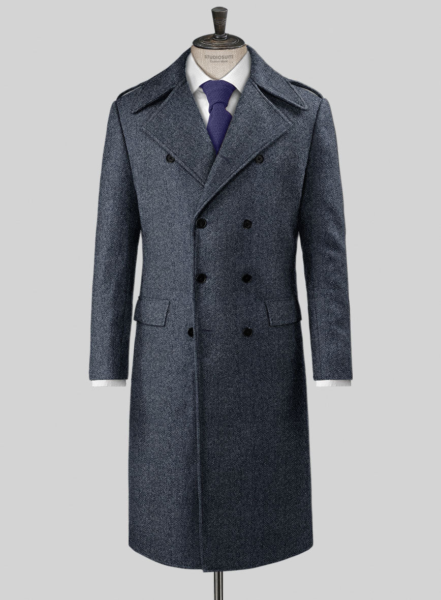 Highlander Heavy Blue Herringbone Tweed GQ Overcoat - StudioSuits