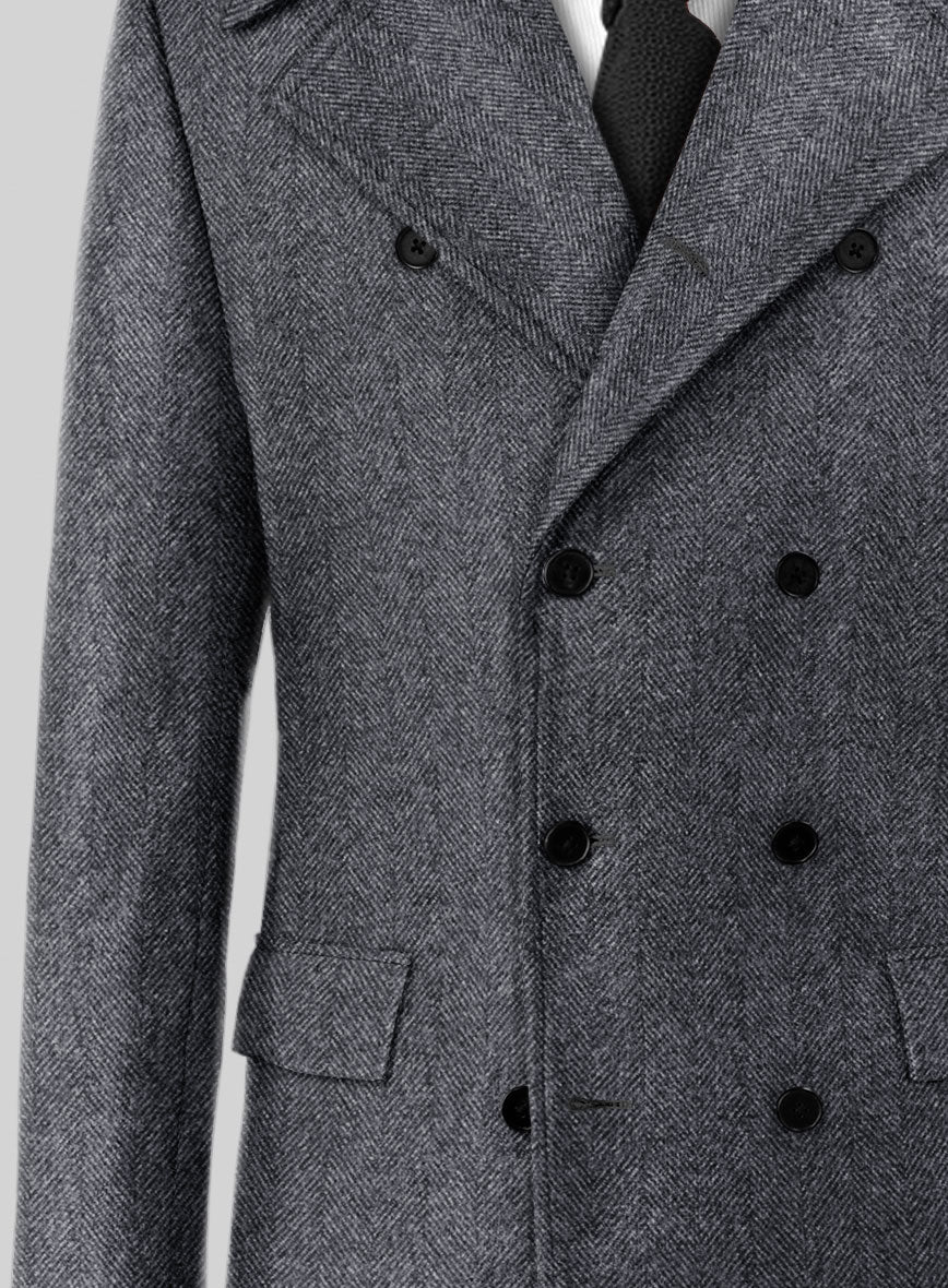 Highlander Heavy Charcoal Herringbone Tweed GQ Overcoat - StudioSuits