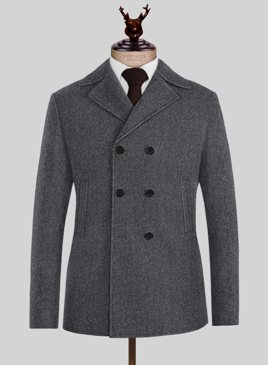 Highlander Heavy Charcoal Herringbone Tweed Pea Coat - StudioSuits