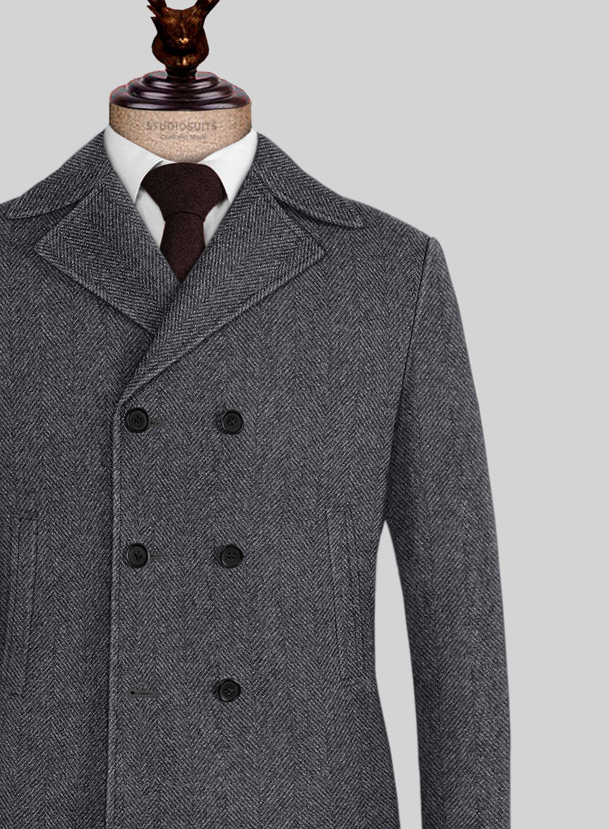 Highlander Heavy Charcoal Herringbone Tweed Pea Coat - StudioSuits