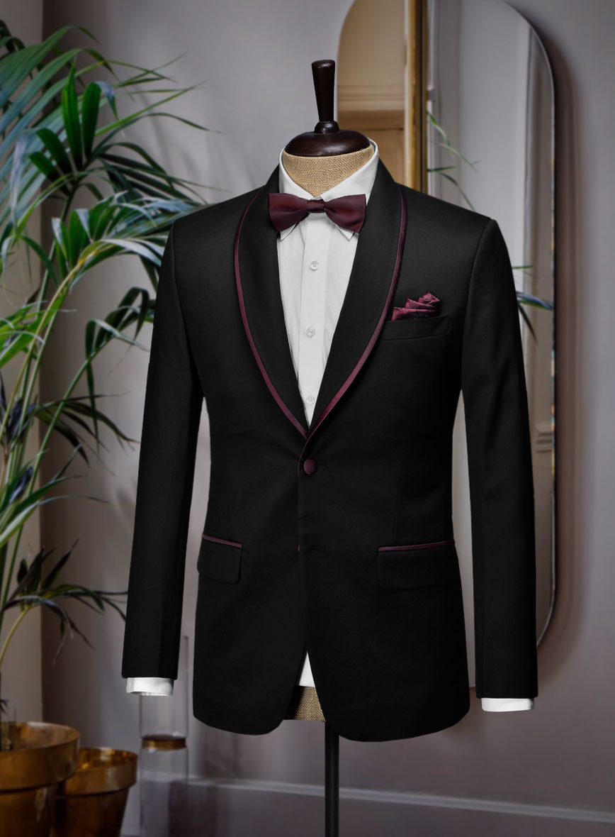 Italian Style Black Wool Tuxedo Suit - Wine Satin Trim II - StudioSuits