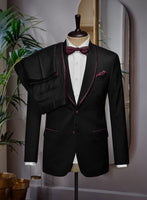 Italian Style Black Wool Tuxedo Suit - Wine Satin Trim II - StudioSuits