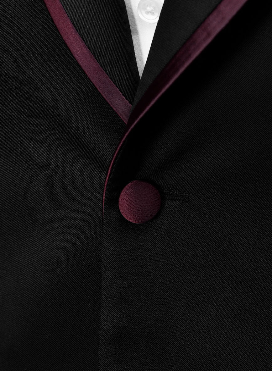 Italian Style Black Wool Tuxedo Suit - Wine Satin Trim II - StudioSuits