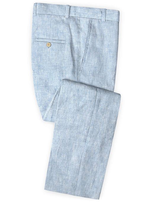 Italian Herringbone Blue Linen Pants - StudioSuits