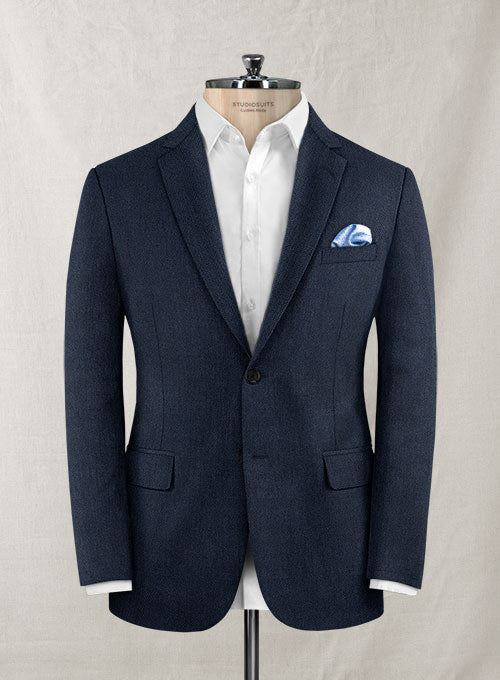 Italian Herringbone Blue Wool Cotton Jacket - StudioSuits