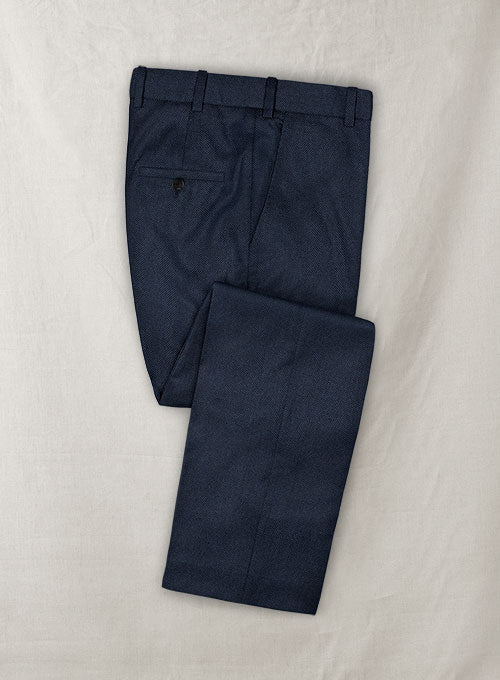 Italian Herringbone Blue Wool Cotton Pants - StudioSuits