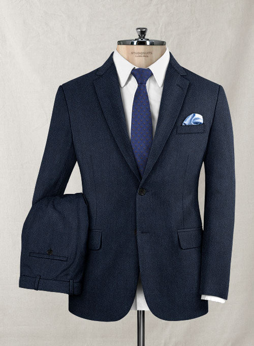 Italian Herringbone Blue Wool Cotton Suit - StudioSuits
