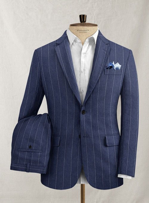 Italian Linen Big Stripe Indigo Blue Suit - StudioSuits
