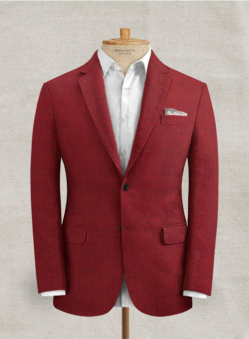 Italian Linen Cherry Red Checks Jacket - StudioSuits