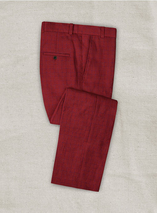 Italian Linen Cherry Red Checks Pants - StudioSuits