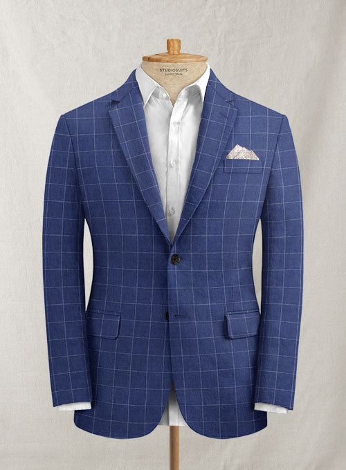 Italian Linen Cobalt Blue Checks Jacket - StudioSuits